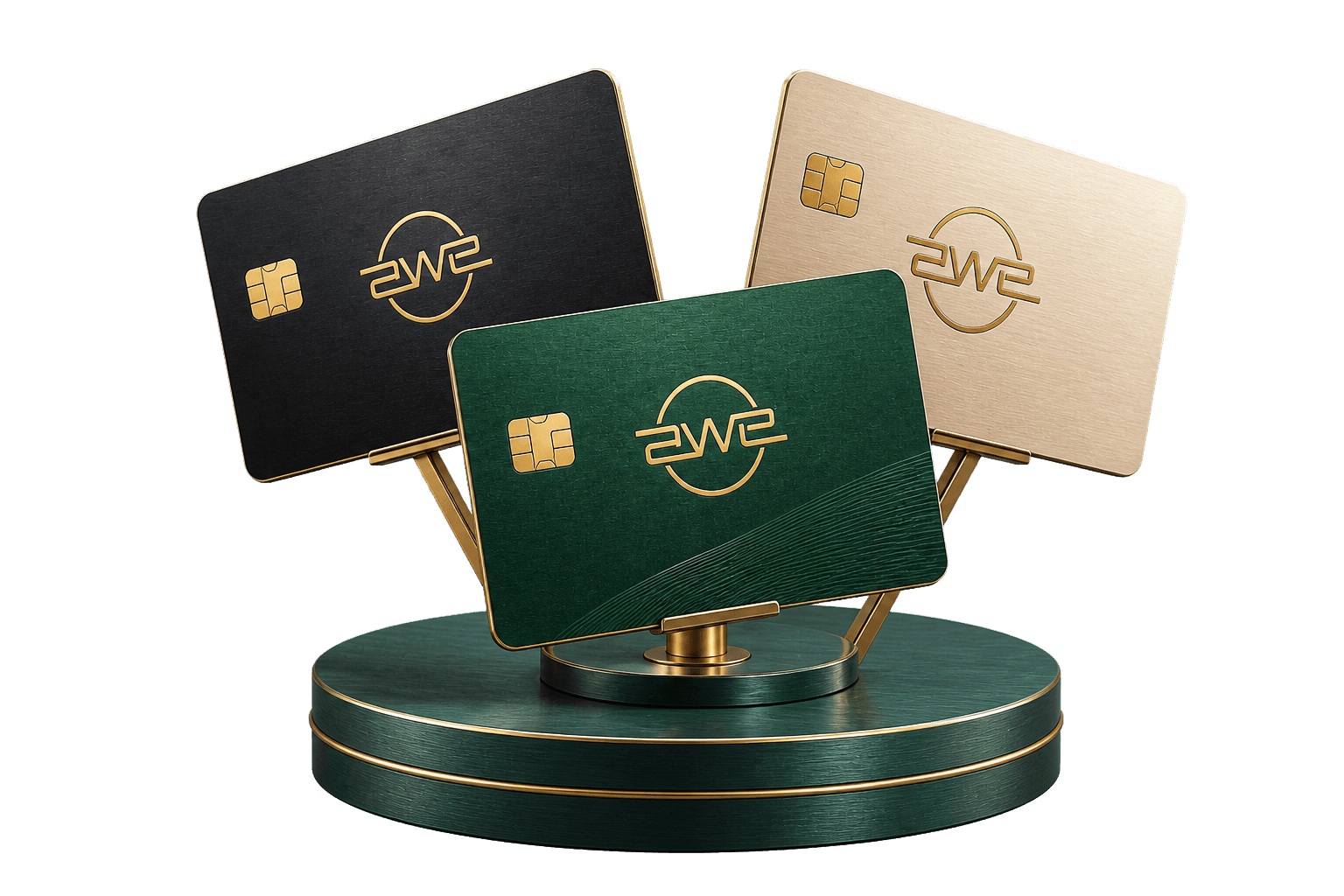 Three premium Awecards arranged on a sculptural rotating display